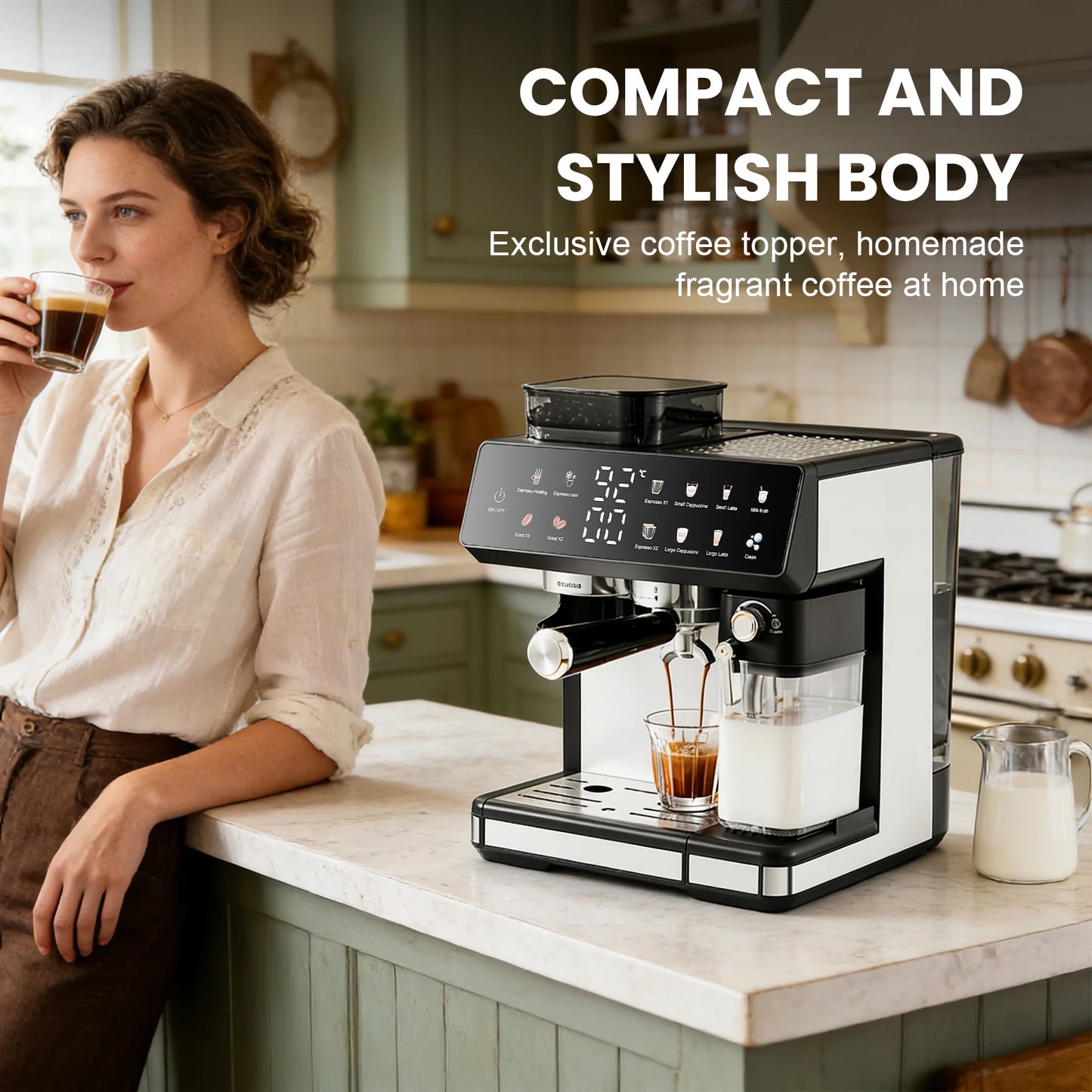 1350W coffee fully automatic, with dual boiler and milk frother, 2.7L water tank, touch screen, Bean and powder coffee