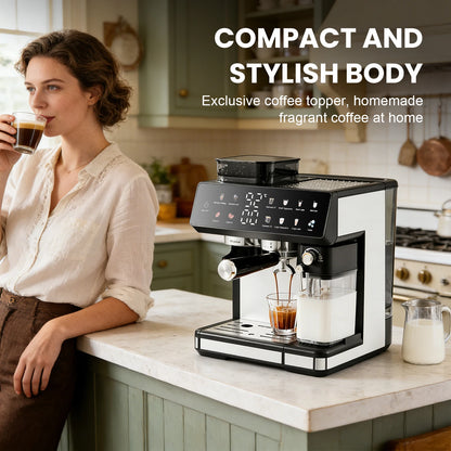 1350W coffee fully automatic, with dual boiler and milk frother, 2.7L water tank, touch screen, Bean and powder coffee