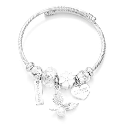 New Trendy Rhinestones Dragonfly Crystal Beaded Pendant Bracelet Stainless Steel 4 Colors Closure Bangles Women Bracelet Jewelry