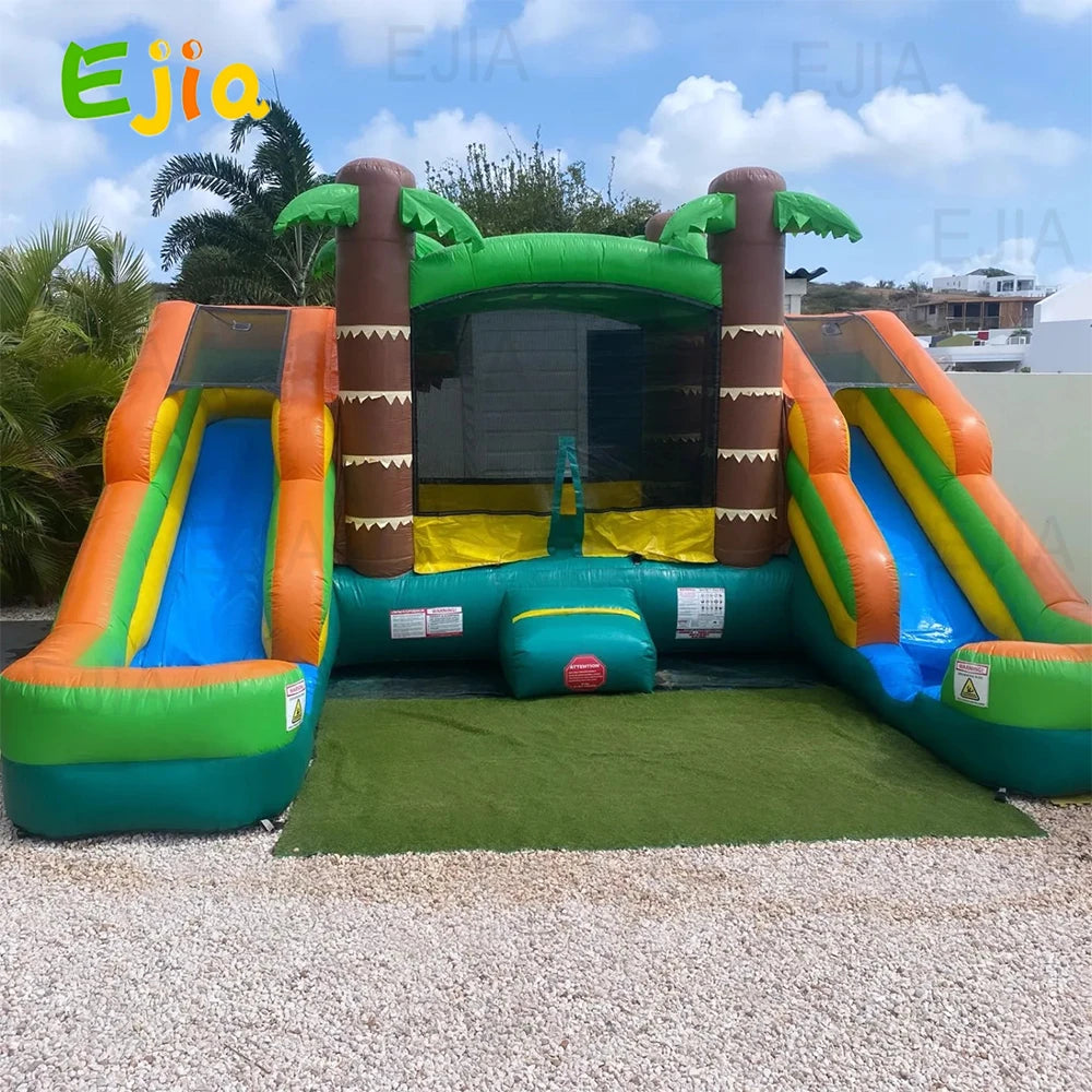 5m PVC  Inflatable Bounce House Tropical Double Water Slide Combo  Wet& Dry Jump Bouncy House Castle For Outdoor Party Rental