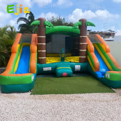 5m PVC  Inflatable Bounce House Tropical Double Water Slide Combo  Wet& Dry Jump Bouncy House Castle For Outdoor Party Rental