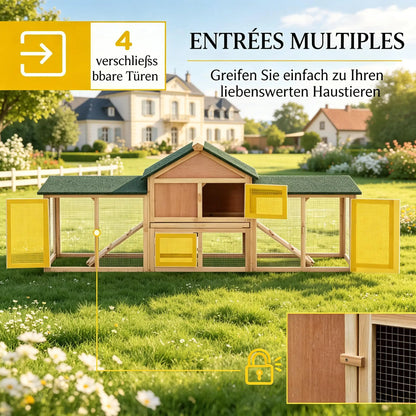 Large Outdoor Wooden Rabbit Hutch with Double Side Run Enclosures, Waterproof Asphalt Roof, Lockable Access Doors, Spacious Resting House and Activity Play Space, Weatherproof Pet Cage for Rabbits, Guinea Pigs and Small Outdo