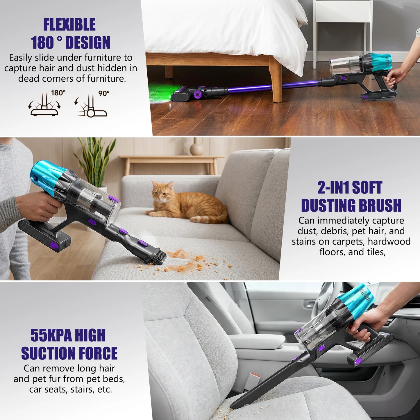 Blossom V20 Cordless Vacuum Cleaner, 650W Brushless Motor, 55KPa Powerful Suction, 65Min Runtime, Green LED Light, for Pet Hair Hardwood Carpet