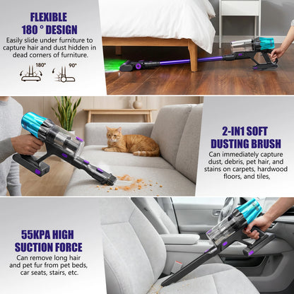 Blossom V20 Cordless Vacuum Cleaner, 650W Brushless Motor, 55KPa Powerful Suction, 65Min Runtime, Green LED Light, for Pet Hair Hardwood Carpet