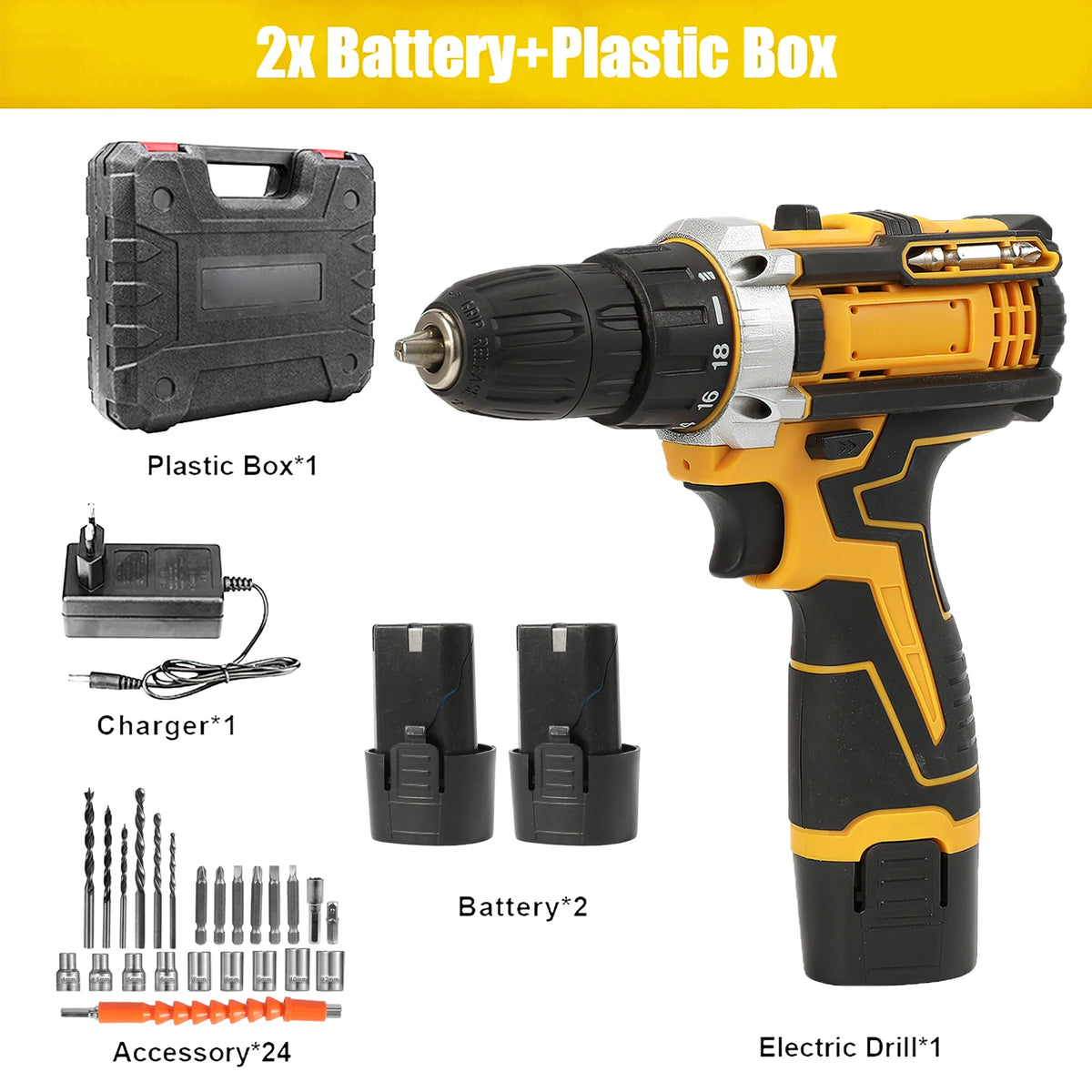55N.M 10MM 23+1 Torque Brushless/Brushed (Yellow Kit) Electric Impact Drill Metal Ratchet Chuck Cordless Drill Electric Screwdriver DIY Power Tools