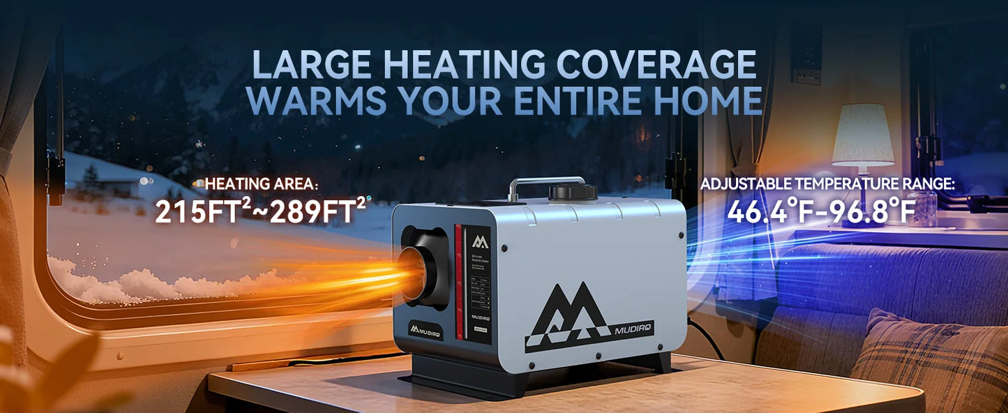 MUDIRO M-5S EVO-H Diesel Air Heater, CO Protection,Custom Alarm & Auto Shutoff, Whisper-Quiet, ±2°F Precision Temp, 5500m Auto-Adaptive Altitude,Smart LCD Bluetooth & Remote, Auto Start/Stop, for Car/Truck/RV/Boat/Tent/Bus/