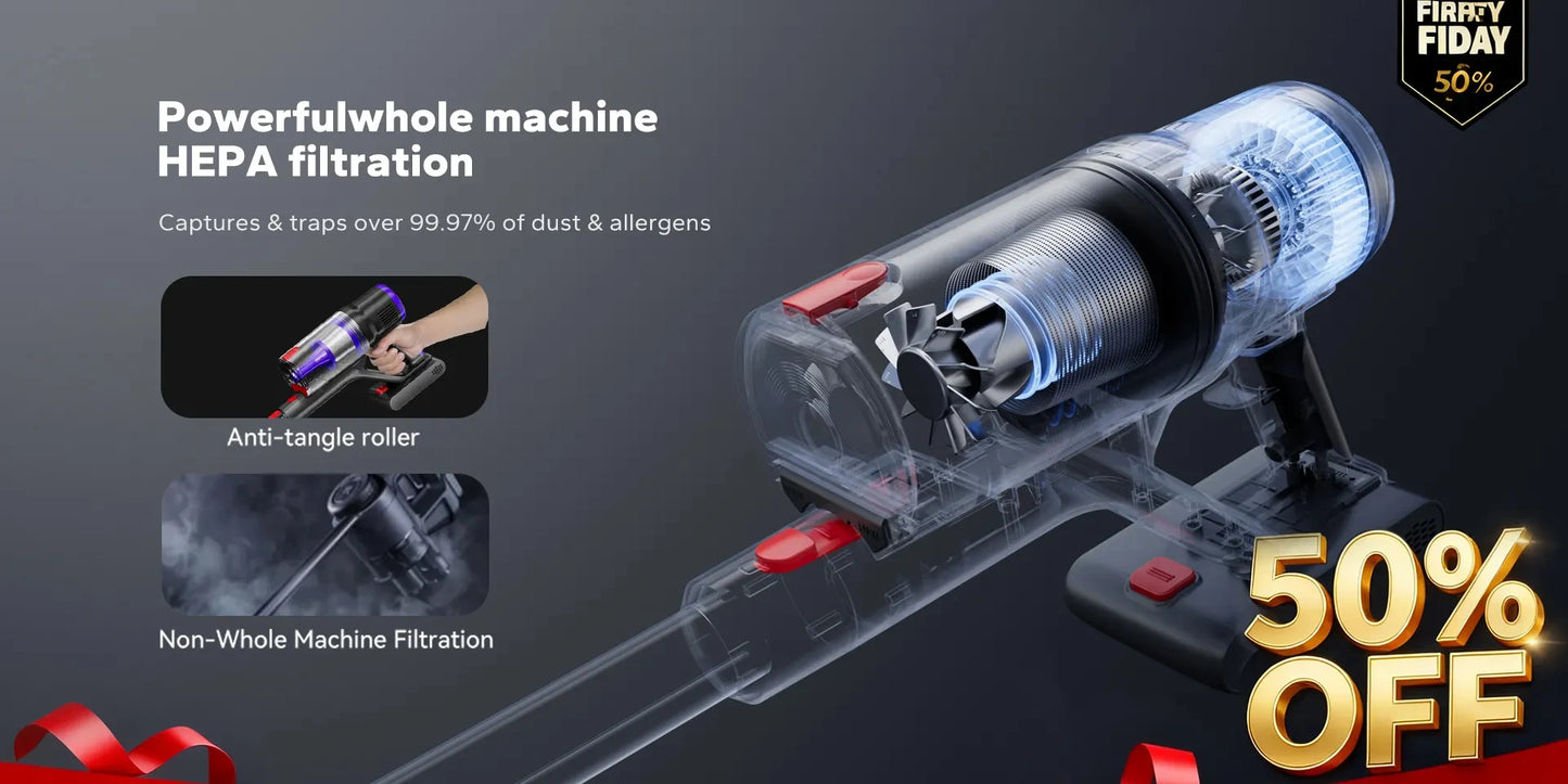 Blossom DSV112A Cordless Vacuum Cleaner 50000Pa 550W,180° Foldable Tube Touchscreen Stick Vacuum,55 Mins Runtime Anti-Tangle Roller Brush HEPA Filtration LED Light Wireless Vacuum for Pet Hair Hard Floor Carpet