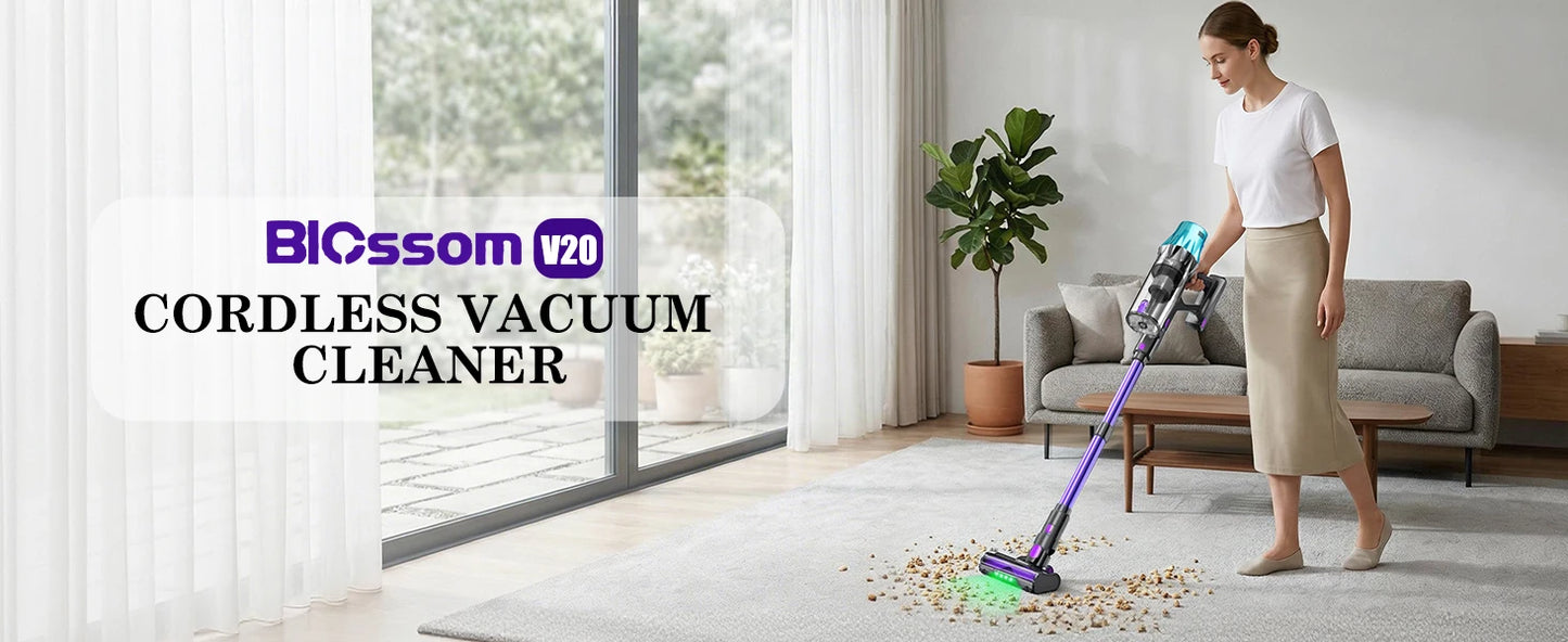 Blossom V20 Cordless Vacuum Cleaner, 650W Brushless Motor, 55KPa Powerful Suction, 65Min Runtime, Green LED Light, for Pet Hair Hardwood Carpet