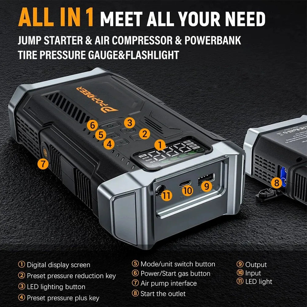POPDEER PD-JA3 5000A 4-in-1 Jump Starter, 150PSI Air Compressor, 12V USB Powerbank with LCD Display, 10L Gas/8L Diesel