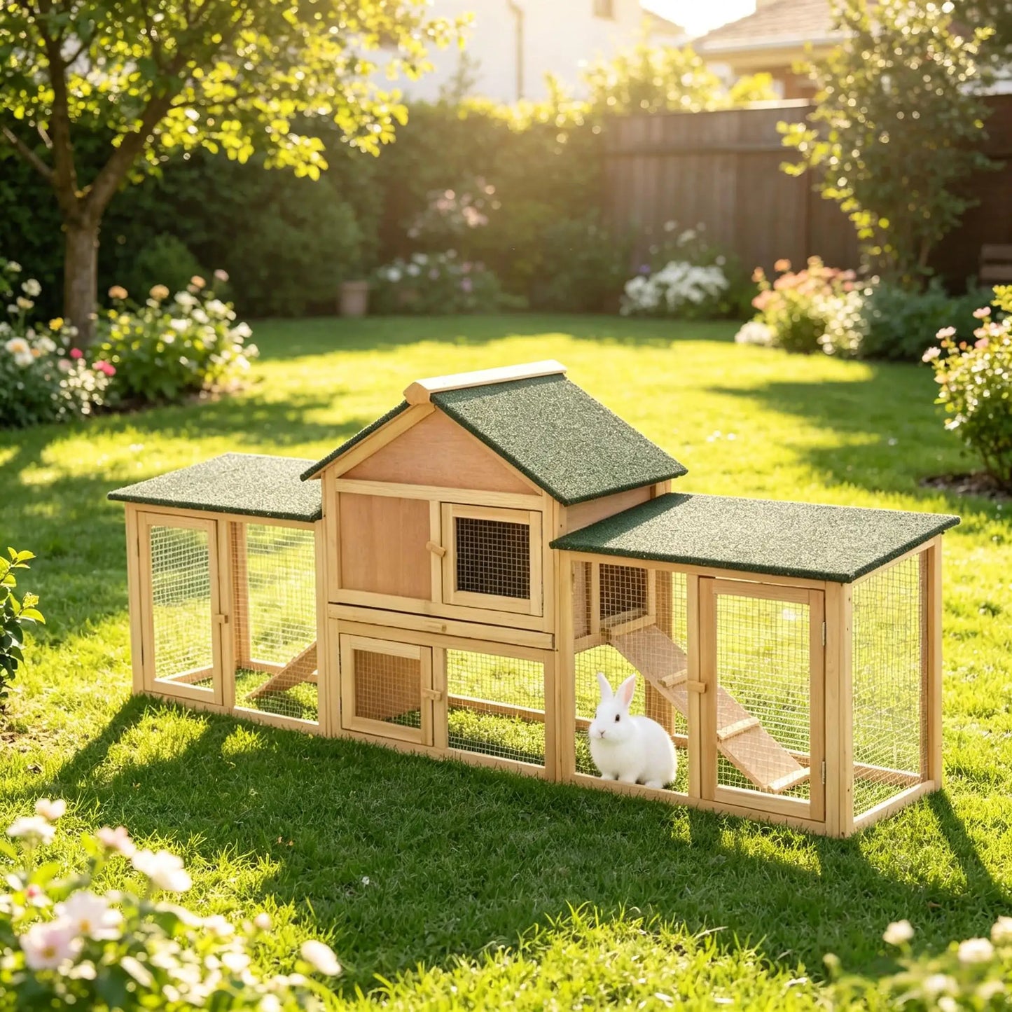 Large Outdoor Wooden Rabbit Hutch with Double Side Run Enclosures, Waterproof Asphalt Roof, Lockable Access Doors, Spacious Resting House and Activity Play Space, Weatherproof Pet Cage for Rabbits, Guinea Pigs and Small Outdo