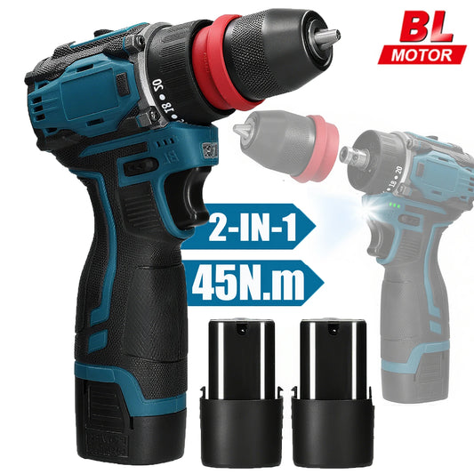 2in1 Brushless Electric Screwdriver Drill  55\45Nm Torque Cordless Speed Regulation Handheld Lithium Driver Dril with 2 Battery