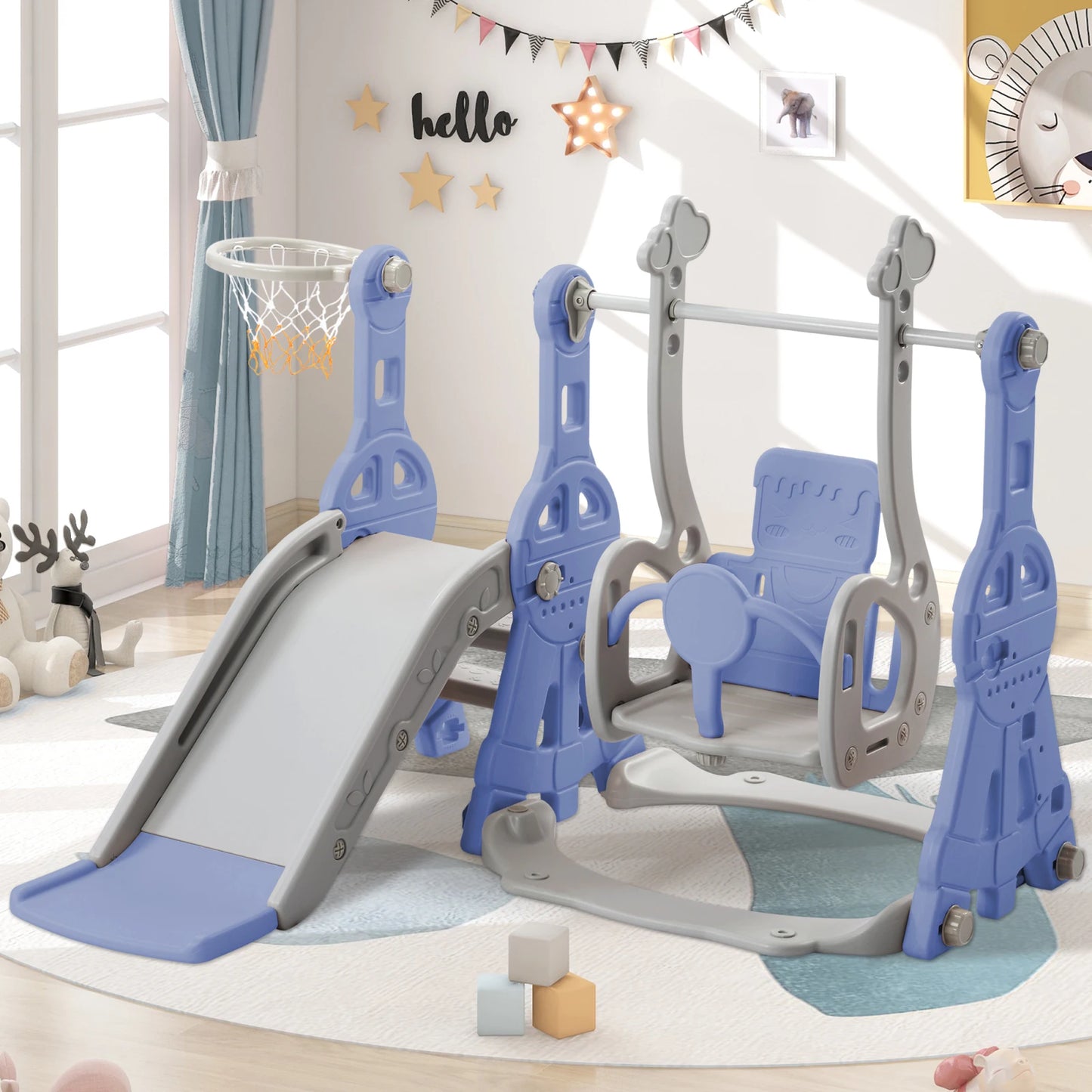 Anajqaqia 4-in-1 Toddler Playground Set, Kids Slide, Swing, Climbing Ladder and Basketball Hoop, Indoor Outdoor Play Center, Adjustable Swing, Blue