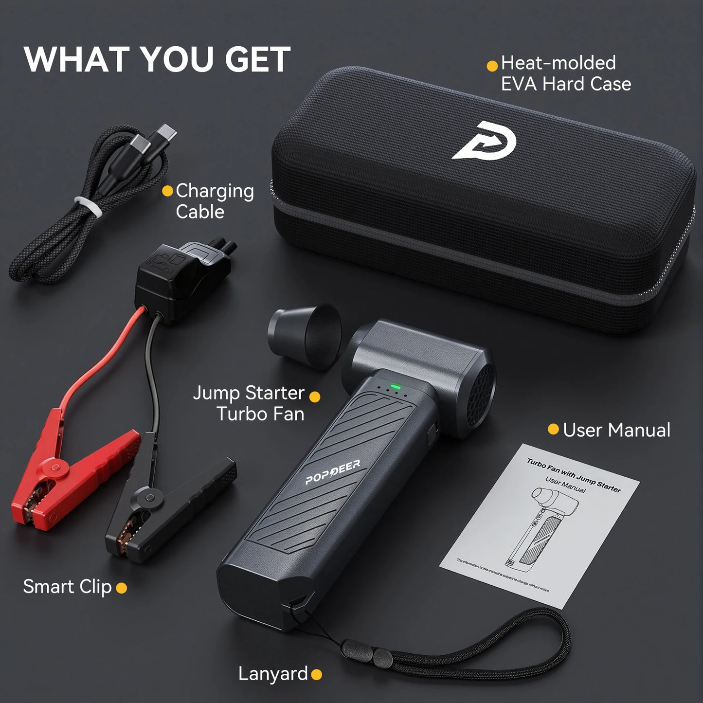 POPDEER 5000A 65W Jump Starter with Turbo Fan, LED Light & Power Bank, All Gas/8.0L Diesel