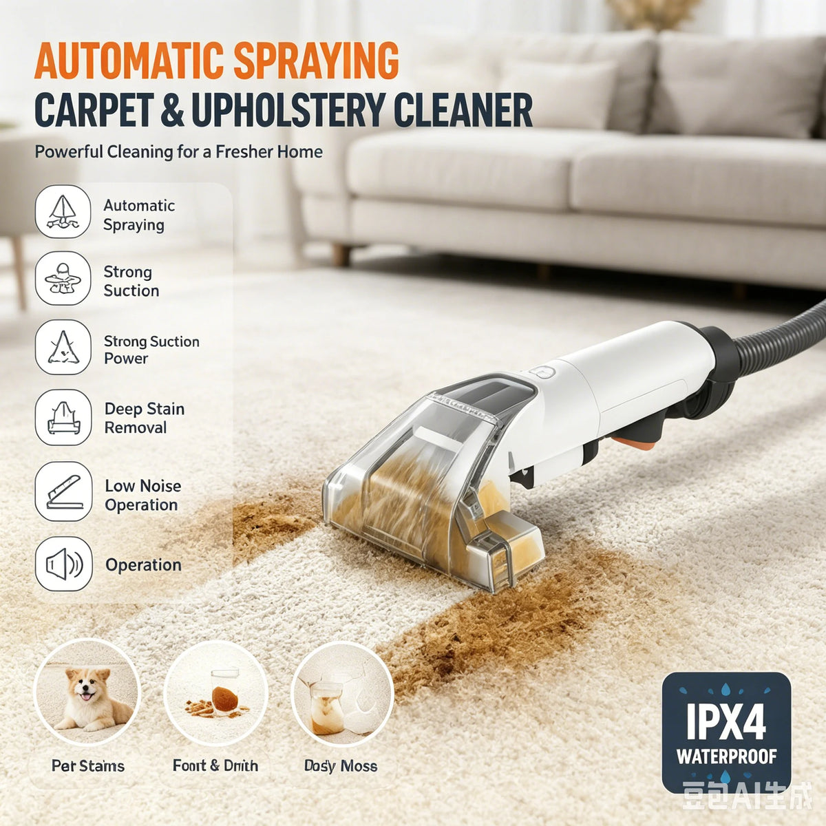 750W Automatic Spraying Smart Carpet & Upholstery Cleaner, Induction Fabric Stain Cleaning Machine for Sofa, Mats, Pet Stains, EU 220-240V