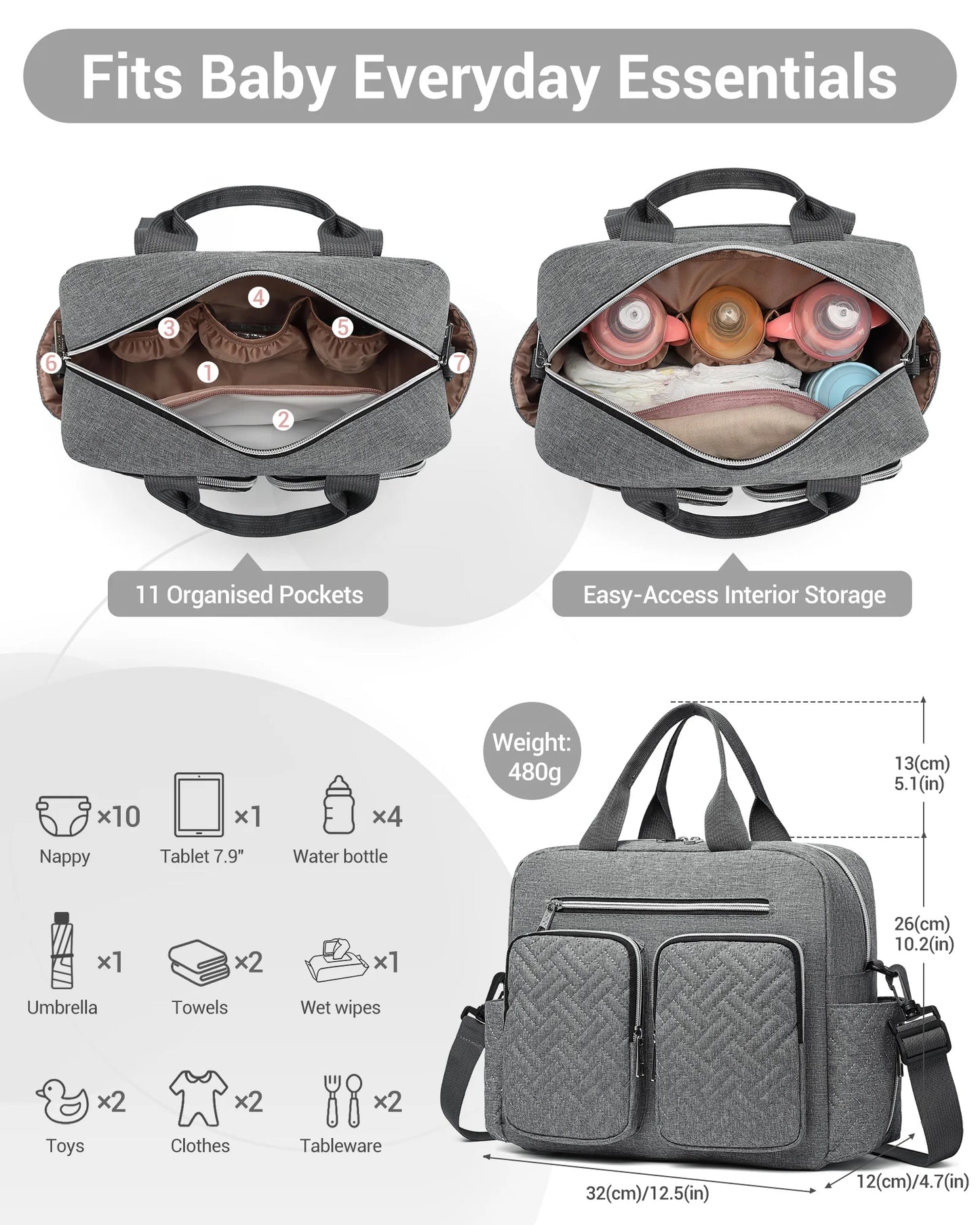 KONO Baby Diaper Bag, stylish and versatile for moms and dads, travel bag with insulated pockets for bottles and snacks