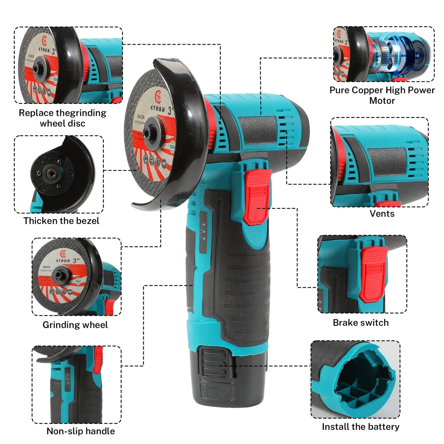 19500rpm 12V Mini Angle Grinder Grinding Cordless Machine Lithium Battery Rechargeable Grinder Cushing Power Tools