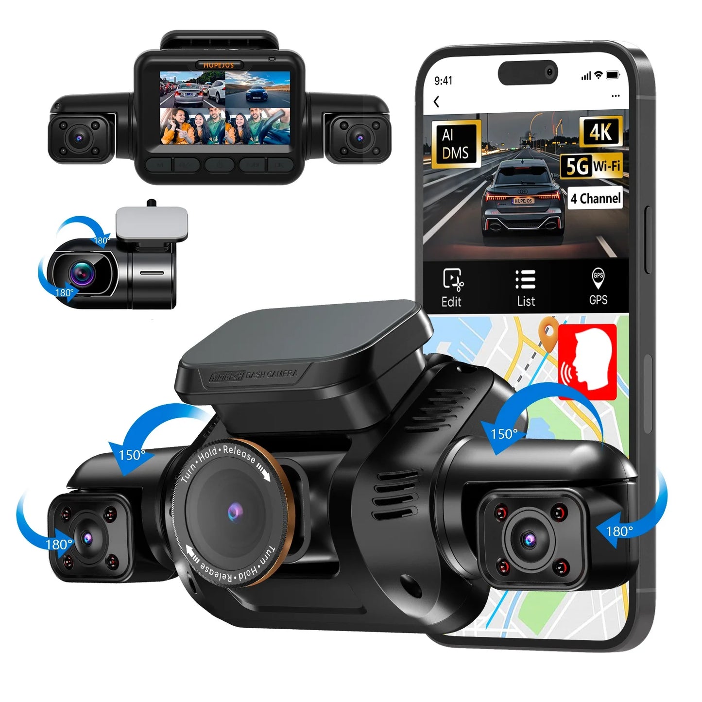 HUPEJOS V8Pro-4CH 360° 4K Dash Cam AI Driver Monitor System Built-in WiFi GPS,Night Vision,Voice Control,24H Parking Mode
