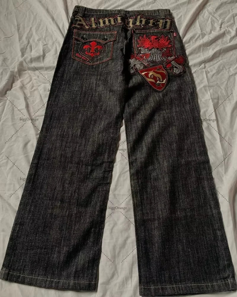 Vintage Low Waist Hip Hop Cherry Blossom Embroidered Jeans  Wide Leg Trousers Y2K Clothes Mens Womes Embroidered Baggy Jeans