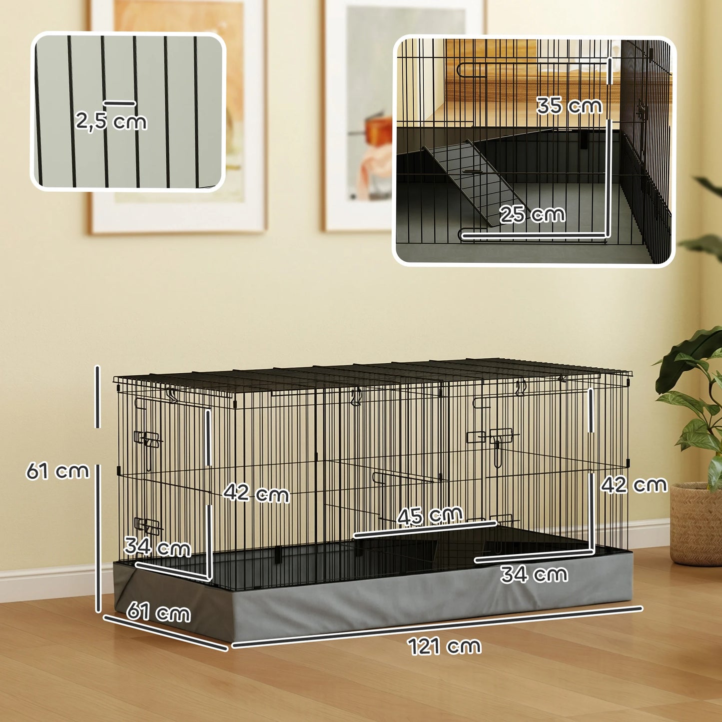 Large Metal Rabbit hamster Cage with Liner & Ramp, Indoor 2-Tier Bunny Habitat with Removable Base, Pet Cage for Rabbit, Guinea Pig, Small Animals