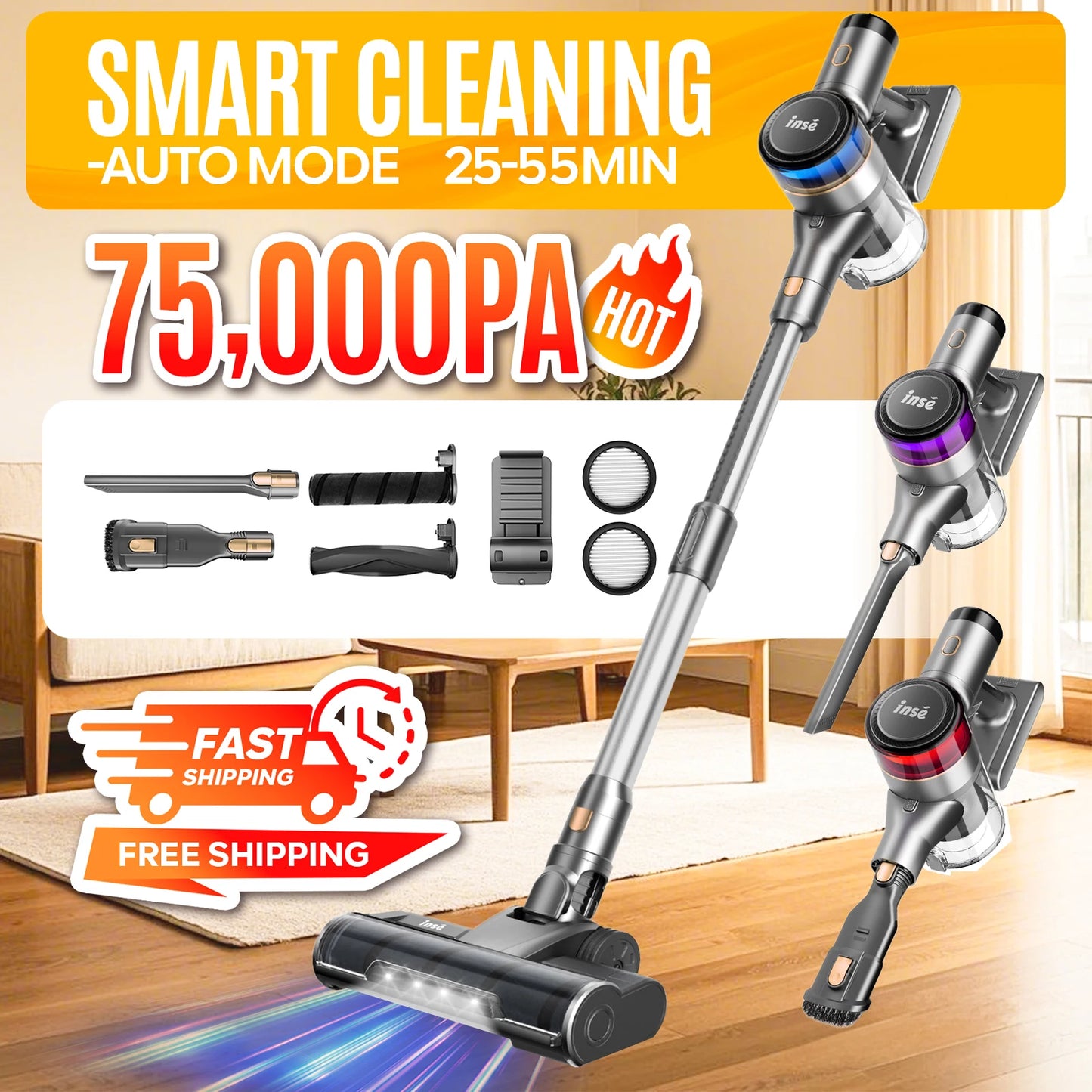 Inse S9 cordless vacuum cleaner, 75KPa, 1L tank, LED display, ideal animal hair and Carpet