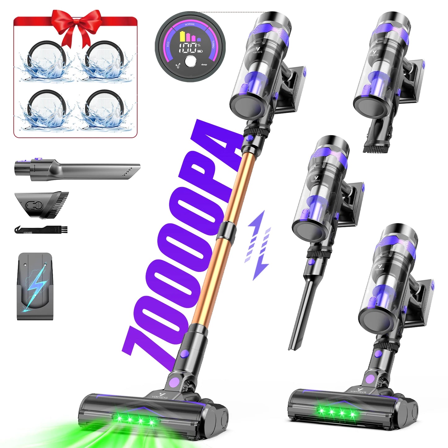 70 KPa/60-minute Cordless Vacuum Cleaner, 6-in-1 Handheld Vacuum Cleaner With LED Display, Upright Stick Vacuum Cleaner, Green Dust Detection Technology, Portable Vacuum Cleaner Suitable For Floors/Hard Surfaces
