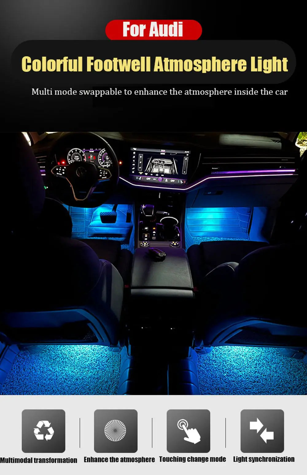For Audi A1 8X A3 8V 8Y A4 B8 B9 A5 8T A6 C6 C7 C8 A7 A8 D3 D4 D5 Q2 Q3 8U F3 Q5 8R FY Q7 4L 4M RGB Footwell Lights HD Seat Lamp