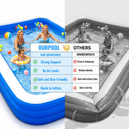 3M/2.6M Family Inflatable Rectangular Pool for Family Gatherings Parties Garden Leisure Durable PVC Outdoor Backyard Swimming Pool