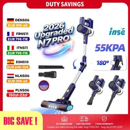 N7 PRO cordless vacuum cleaner-55 kPa powerful, 2 Modes, removable battery, for animal hair, Carpet, hard floors
