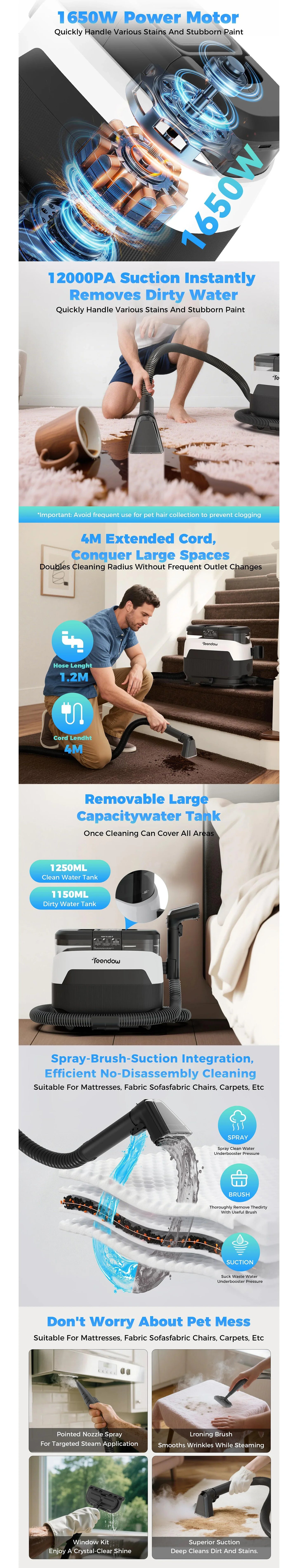 Teendow C6 MAX Powerful 3-in-1 Upholstery & Carpet Cleaner – 1650W Steam, 12000Pa Suction, Dual Tanks, Pet-Friendly Design