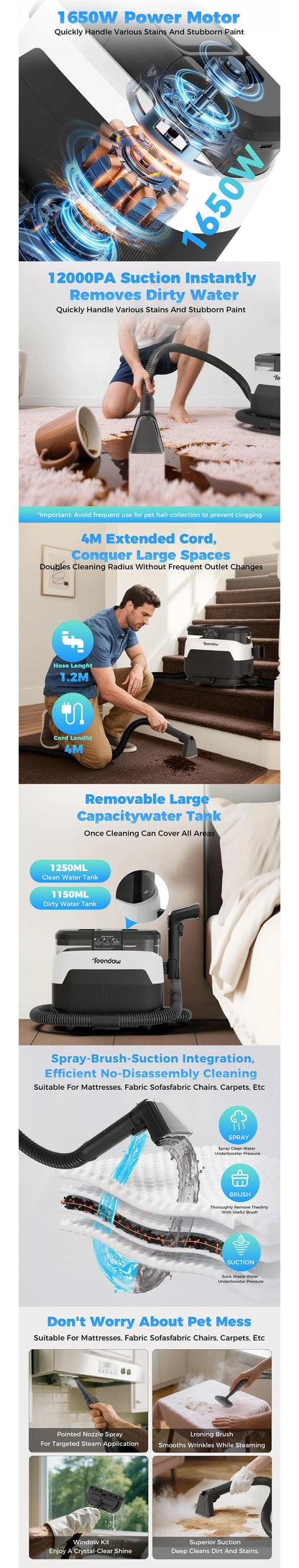 Teendow C6 MAX Powerful 3-in-1 Upholstery & Carpet Cleaner – 1650W Steam, 12000Pa Suction, Dual Tanks, Pet-Friendly Design
