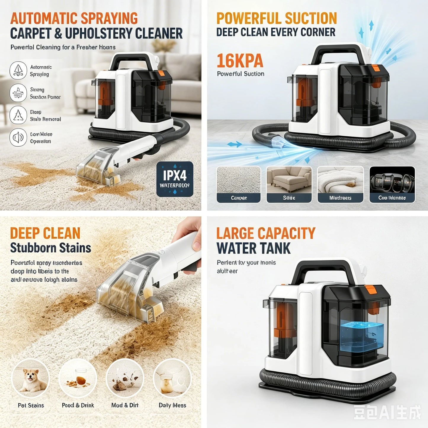 750W Automatic Spraying Smart Carpet & Upholstery Cleaner, Induction Fabric Stain Cleaning Machine for Sofa, Mats, Pet Stains, EU 220-240V