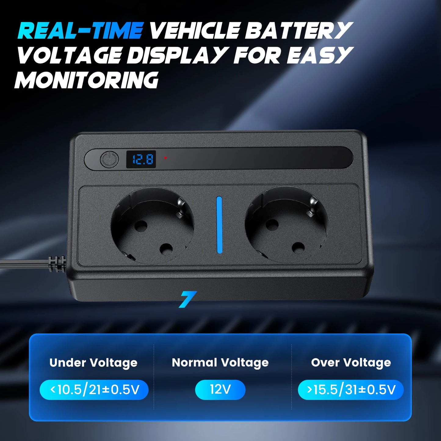 300W Car Inverter 12V to 220V European Standard Multi-Functional Digital Display With 2 AC Sockets, 2 USB Ports, 2 Type-C PD Ports