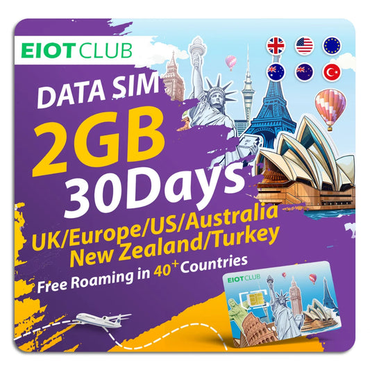 EIOTCLUB Prepaid Europe SIM Card - 2GB 30DAY, Coverage in 40+Countries Including The US, Europe, Australia, New Zealand, Turkey