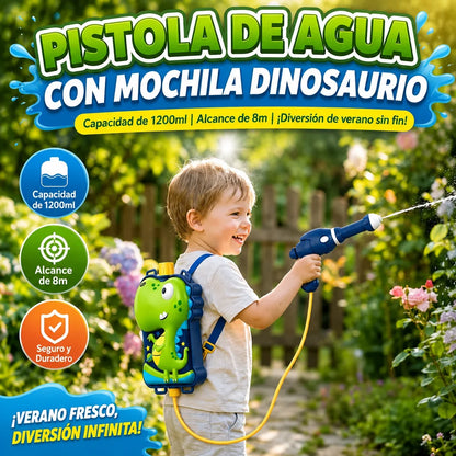 Water Gun with Dinosaur Backpack 1200ml - Outdoor Summer Toy for Children, Large Capacity and Long Range, Ideal for Pool, Beach and Garden - Shipping from Spain