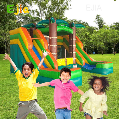 5m PVC  Inflatable Bounce House Tropical Double Water Slide Combo  Wet& Dry Jump Bouncy House Castle For Outdoor Party Rental