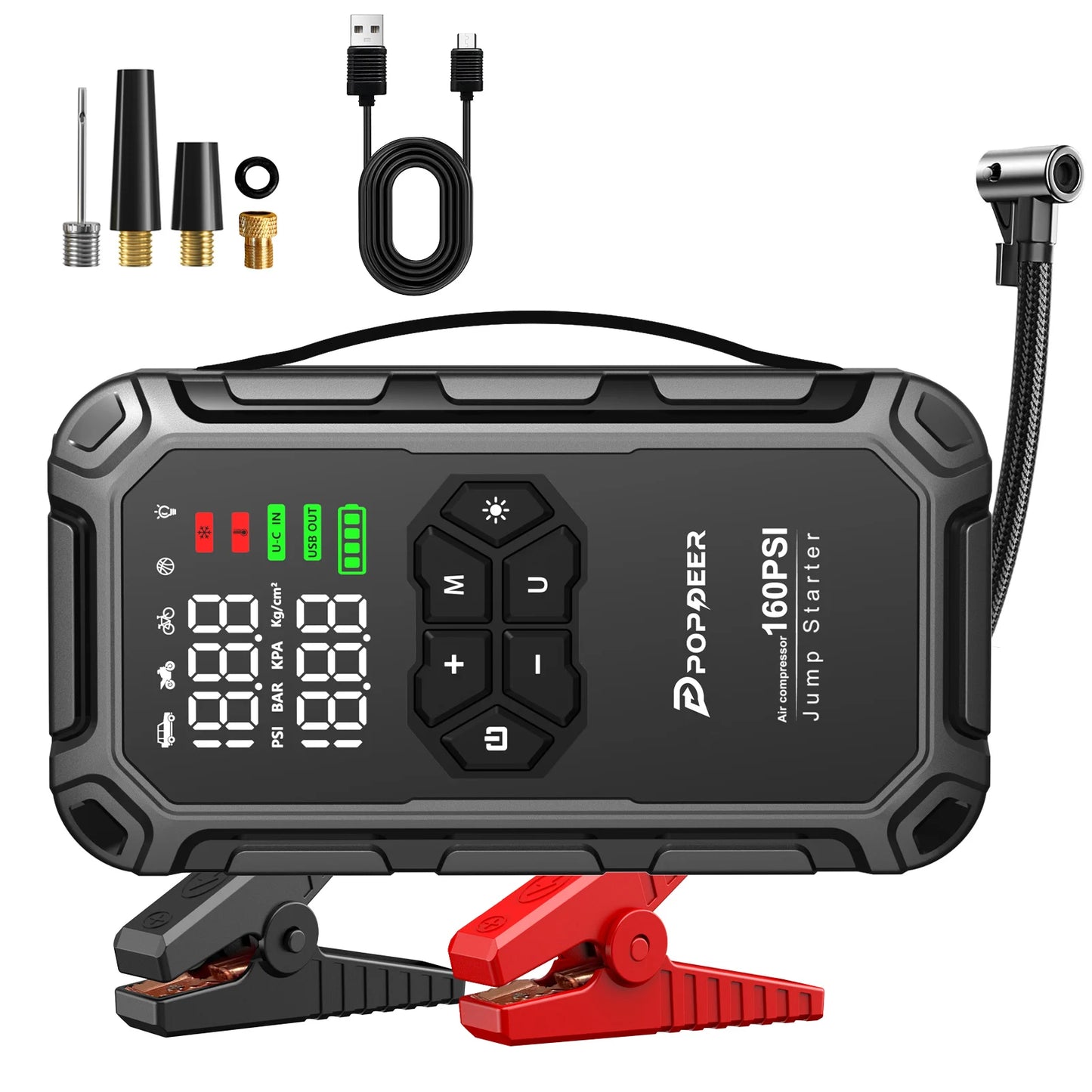 POPDEER PD-JA66 6000A Jump Starter with Air Compressor 160PSI, for All Gas & 8L Diesel Engines, LCD Display, USB Port, LED Light