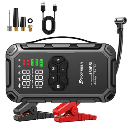 POPDEER PD-JA66 6000A Jump Starter with Air Compressor 160PSI, for All Gas & 8L Diesel Engines, LCD Display, USB Port, LED Light