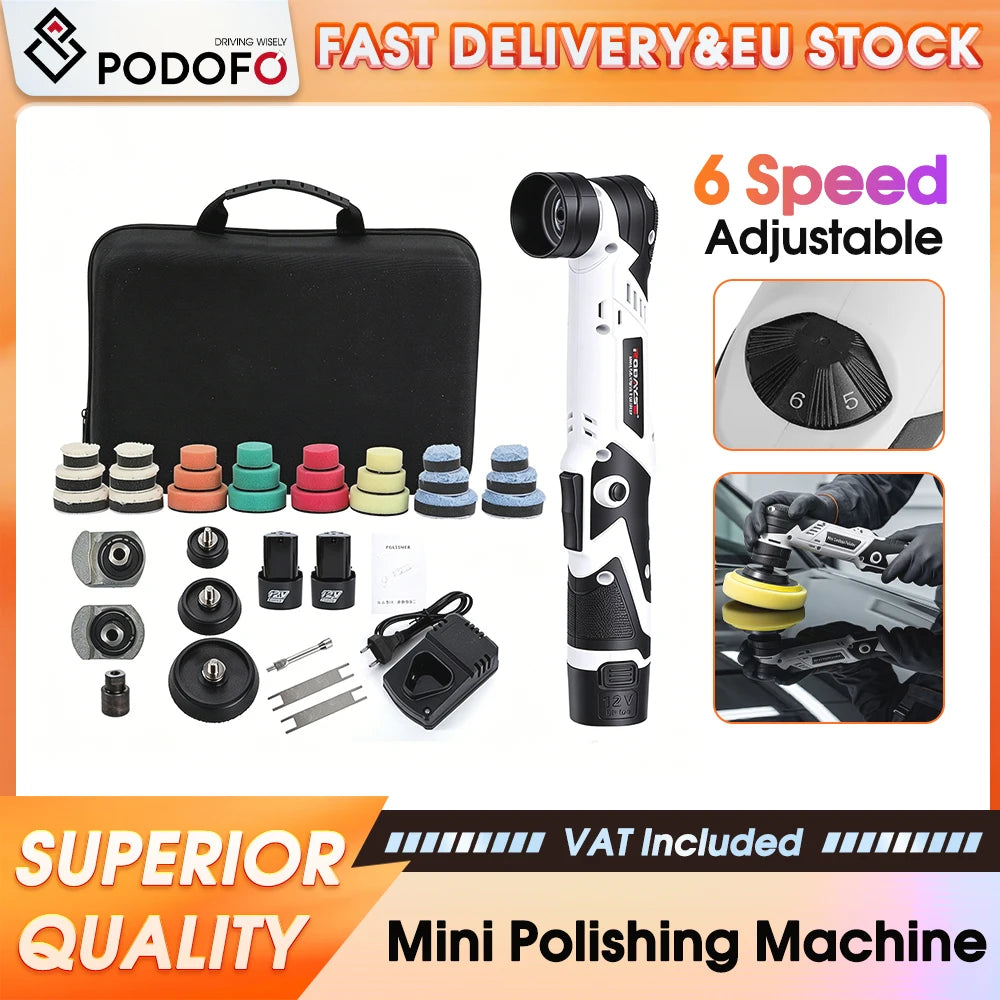 Podofo 12V Wireless Mini Polishing Machine 6 Speed Adjustable Handheld Detail Polisher Portable Electric Buffing Tool For Car Beauty Furniture Surface Polishing