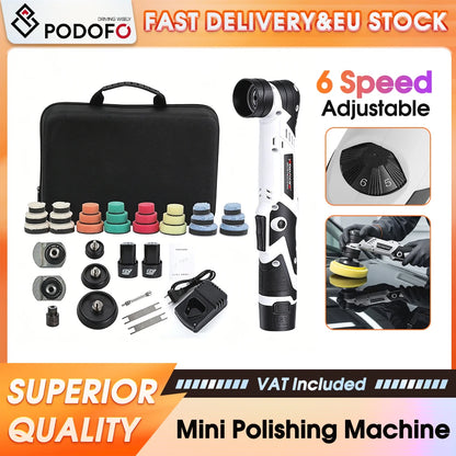 Podofo 12V Wireless Mini Polishing Machine 6 Speed Adjustable Handheld Detail Polisher Portable Electric Buffing Tool For Car Beauty Furniture Surface Polishing