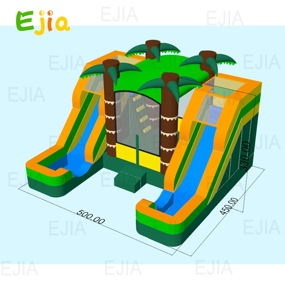 5m PVC  Inflatable Bounce House Tropical Double Water Slide Combo  Wet& Dry Jump Bouncy House Castle For Outdoor Party Rental