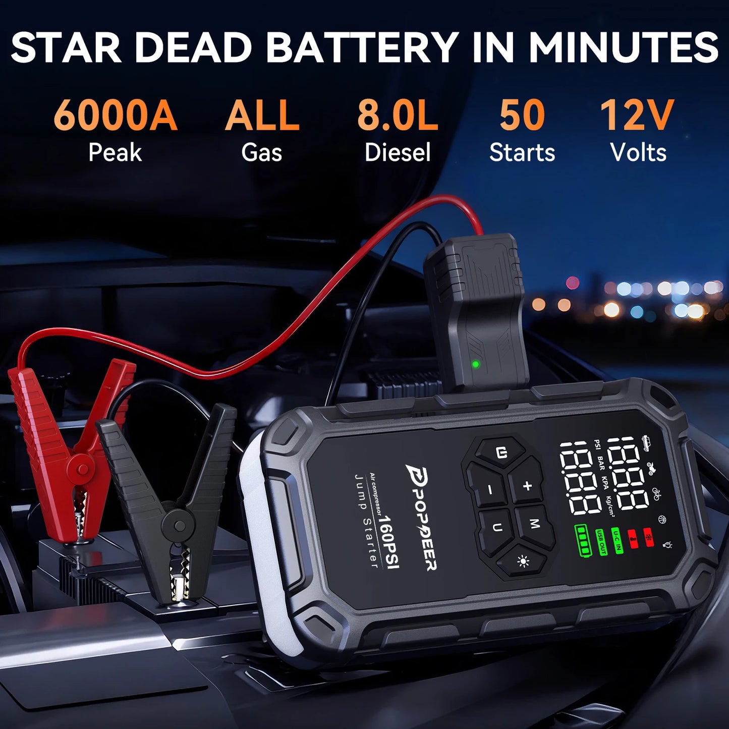 POPDEER PD-JA66 6000A Jump Starter with Air Compressor 160PSI, for All Gas & 8L Diesel Engines, LCD Display, USB Port, LED Light