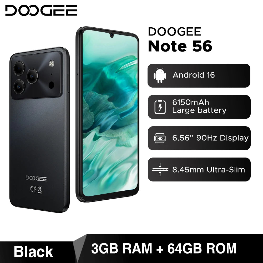 Global Version DOOGEE Note 56 Smartphone Android 16 6150mAh Battery 6.56'' Display 24GB RAM + 64GB ROM 8MP Camera Mobile Phone