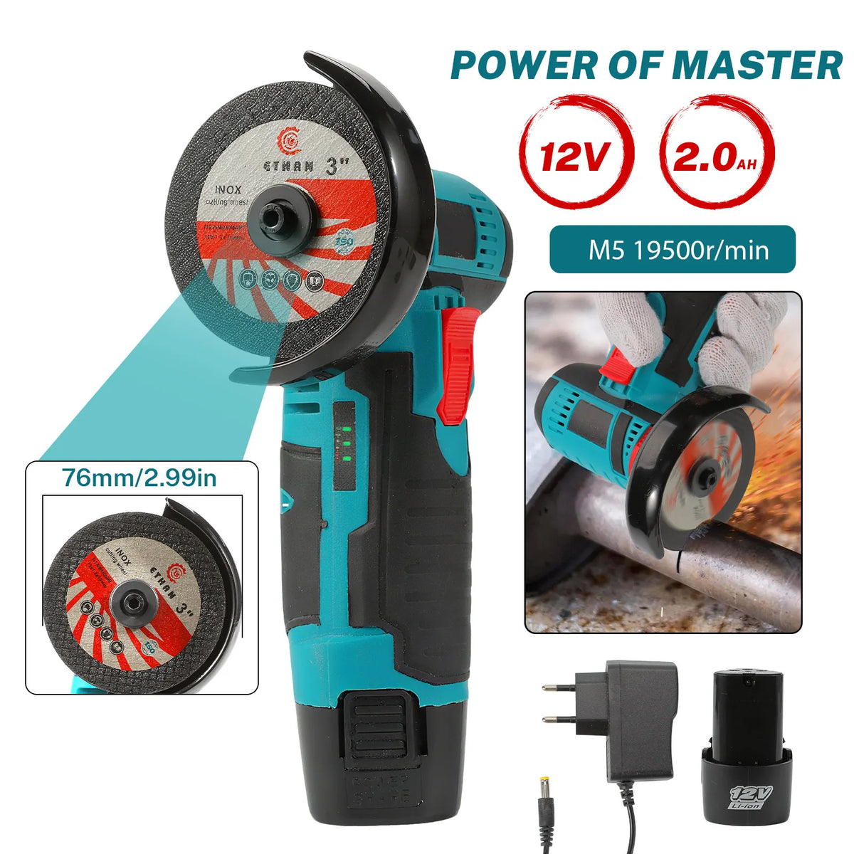 12V Cordless Angle Grinder Kit Lithium Battery Rechargeable 19500RPM Mini Polishing Cutting Machine Tools for DIY Home Projects