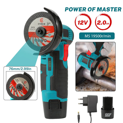 12V Cordless Angle Grinder Kit Lithium Battery Rechargeable 19500RPM Mini Polishing Cutting Machine Tools for DIY Home Projects