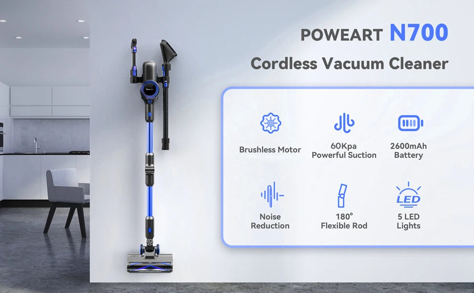 60KPa, 50min, 1L wireless vacuum cleaner for animal hair, Carpet, hard floors, N700