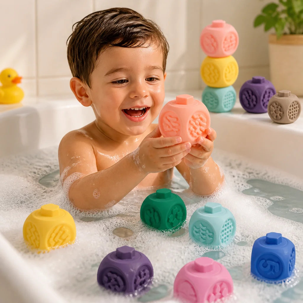 Silicone Sensory Blocks for Baby 9 Pcs - Montessori Bath Toy, Soft BPA-Free Teether, Number and Shape Learning, Early Educational Toy