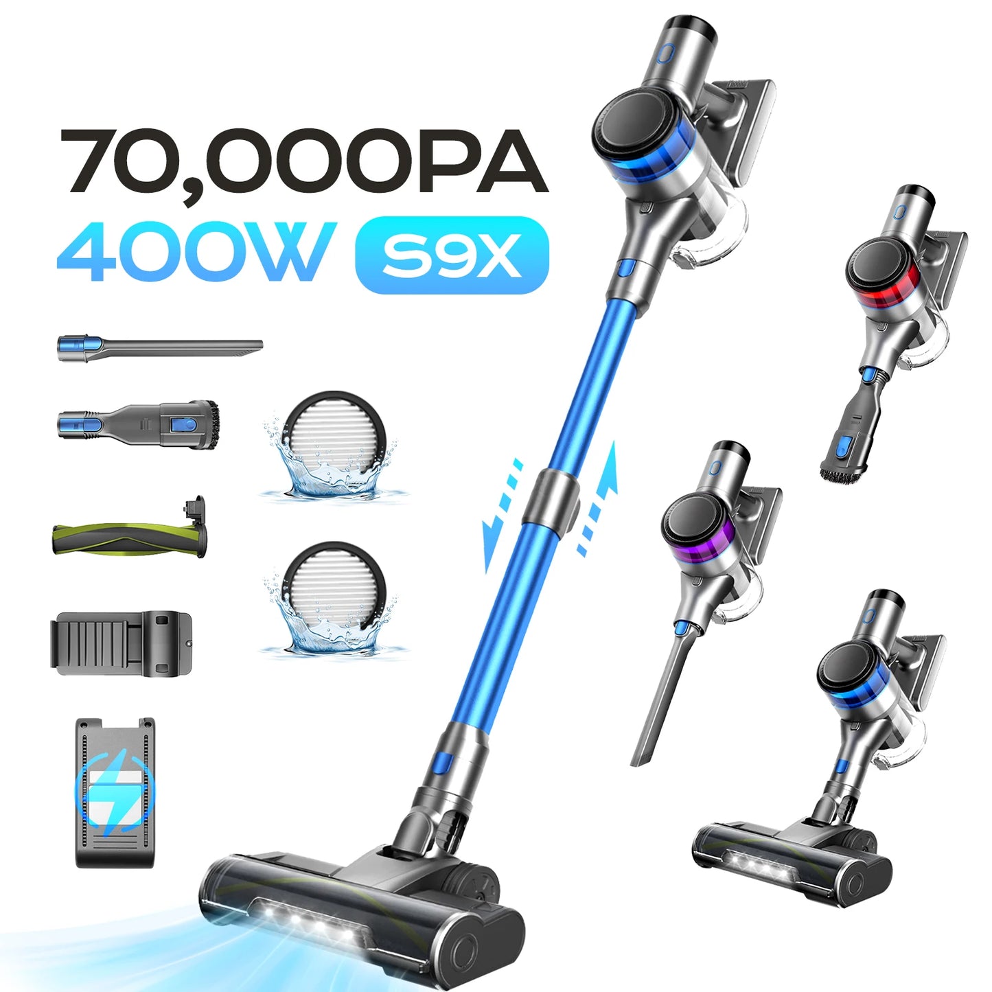70KPa 400W cordless vacuum cleaner, 1 L dust cup, light display battery, for animal hair, Carpet