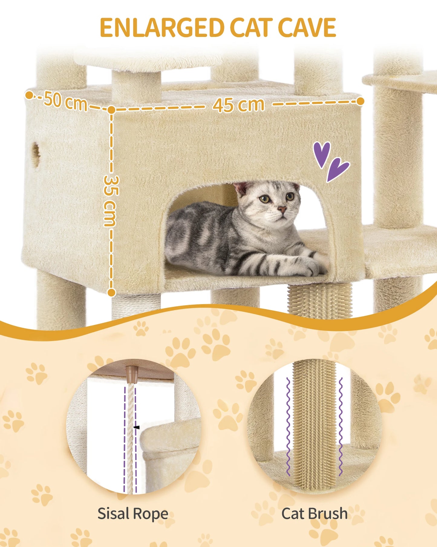 200cm XXL cat tree with 10 scratching posts, 2 caves, 2 hammocks, large platform,basket,for Maine Coons,large cats, beige