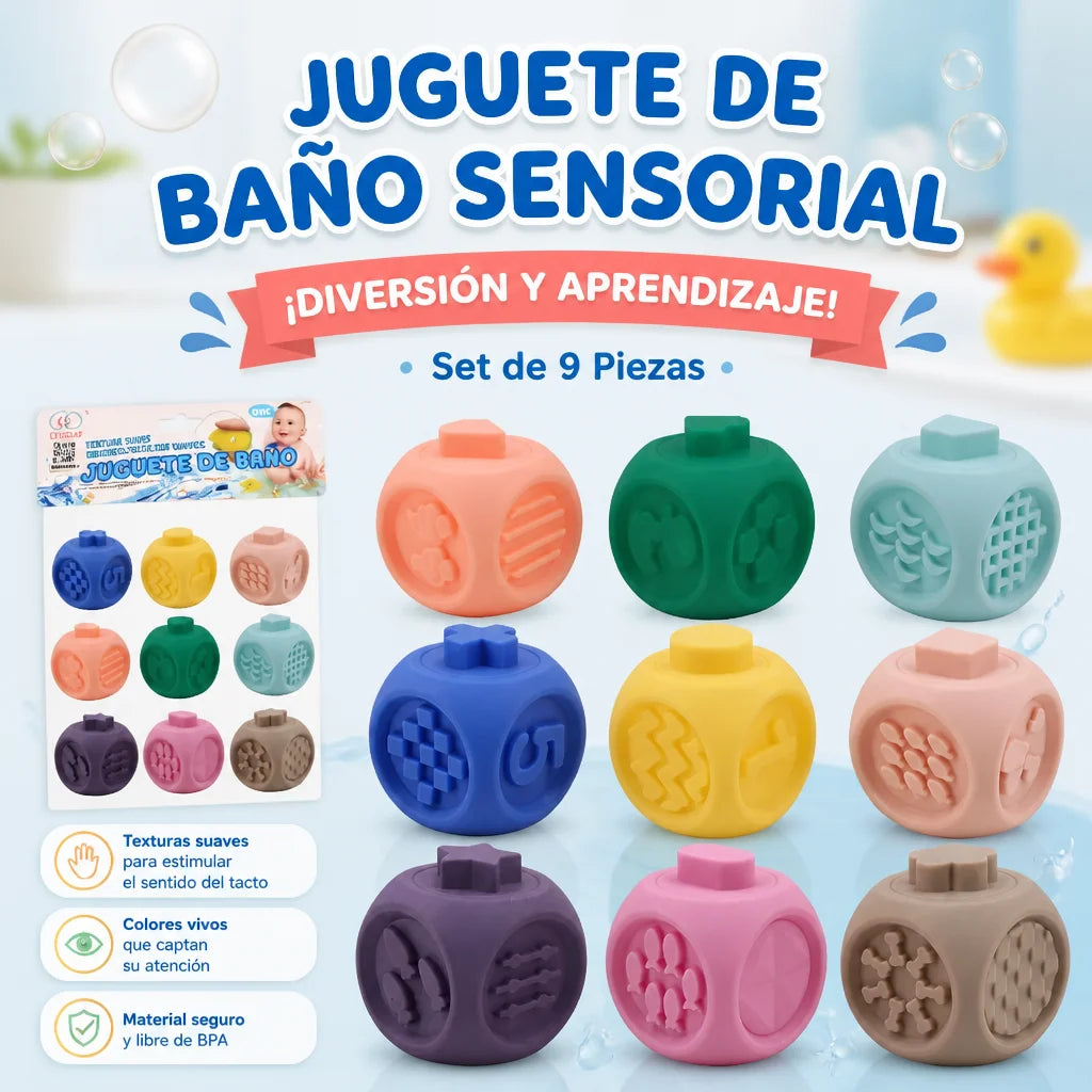 Silicone Sensory Blocks for Baby 9 Pcs - Montessori Bath Toy, Soft BPA-Free Teether, Number and Shape Learning, Early Educational Toy