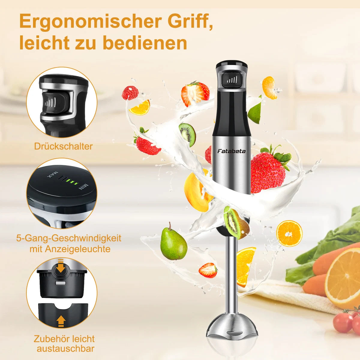 6 in 1 Handheld hand Immersion Blender - Stainless Steel Stick Blender with 5 Speed, Chopper, Whisk And Milk Frother